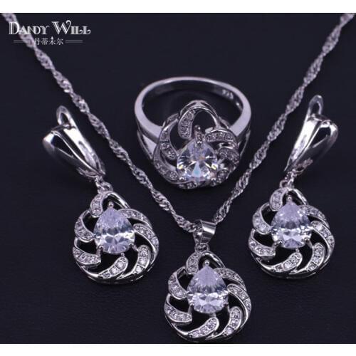 Amazing present for women earrings necklace ring set silver color costume jewelry white cubic zircon pear jewelry set