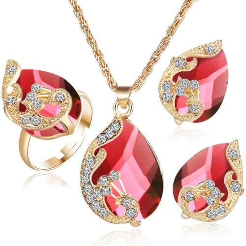 Womens Jewelry Set Crystal Water Drop Peacock Pendant Necklace Stud Earring Adjustable Ring Fashion Trendy Party Gift