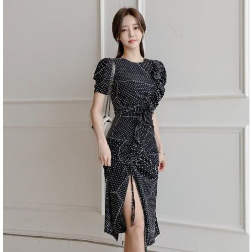 New arrival fashion party dress women elegant summer vintage puff sleeve ruffle temperament simple black dot asymmetrical dress