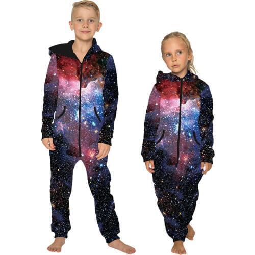 Kid Space Galaxy Star Printed Loungewear Pajamas Unisex Loose Hooded Zipper Open Sleepwear Onesies for Girl Thick Jumpsuits