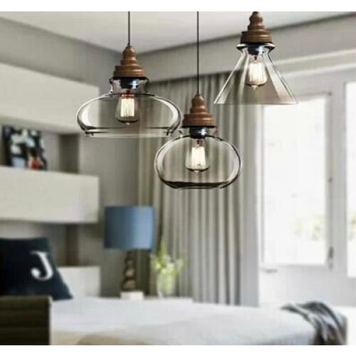 Edison pendant lighting glass shades E27 wood Iron Chain vintage pendant lighting Simple Transparent hanging lights bedroom