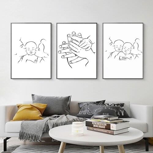 Happy Family Line Art Painting Mother And Father With Baby Canvas Poster Modern Holding Hands Wall Print Pictures Bedroom Decor