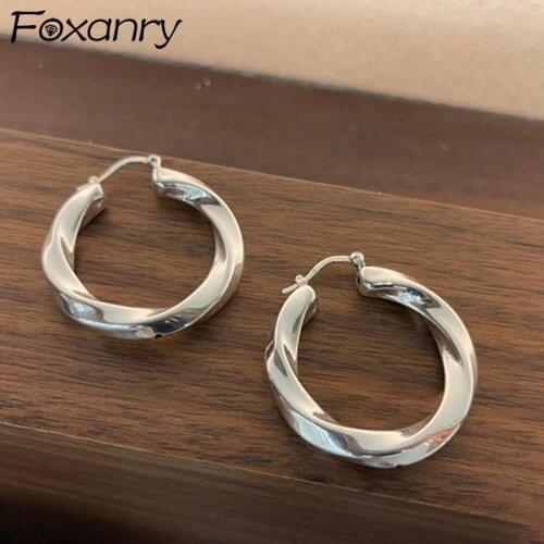 Foxanry Prevent Allergy 925 Sterling Silver Hoop Earrings New Trendy Elegant Handmade Glossy Twist Party Jewelry Ear Accessories