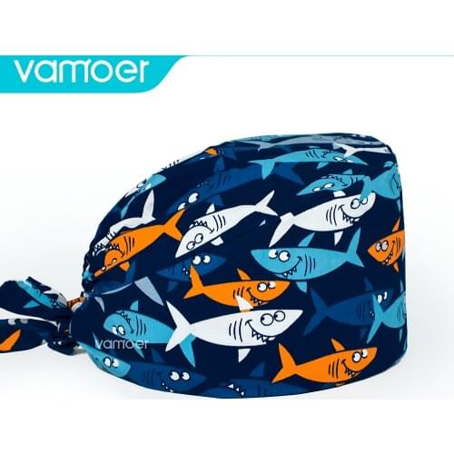 Shark pattern veterinary cap Personalized Scrubs hats Tieback Straps Sweatband Scrubs Cap Pet Grooming Agency Beautician Lab Cap