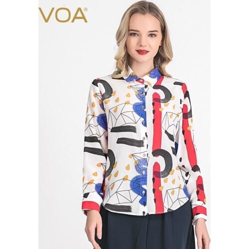 VOA silk white blue and red painted printing Hong Kong style retro trend shirt French fashion light breathable top BG17