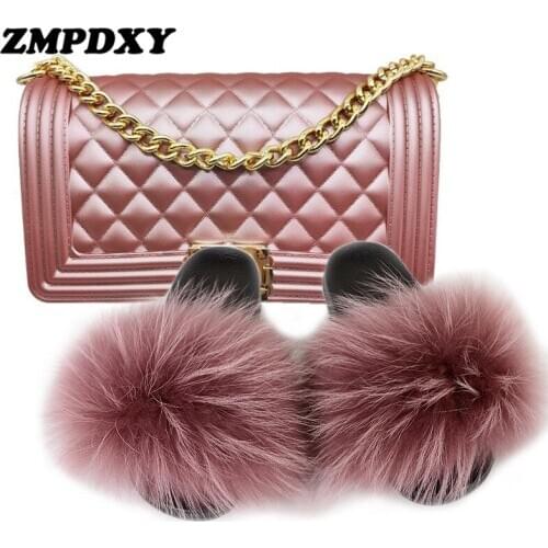 New Fashion Slides Purse Women Real Fox Fur Slides Cute Fluffy Plush Raccoon Fur Slippers Color Jelly Bag Crossbody Bag Wholesal