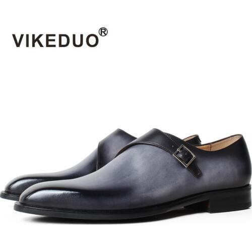 VIKEDUO Buckle Monk Strap Shoes For Men Genuine Leather Patina Dress Shoes Handmade Wedding Office Formal Suits Footwear Zapatos