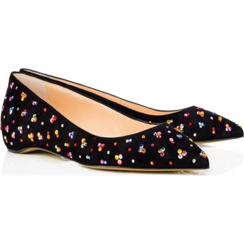 Womens Shoes Fashion Pointed Toe Shallow Mouth Flat Bottom Colorful Diamond Single Shoes Genuine Leather Black Flats Sandals