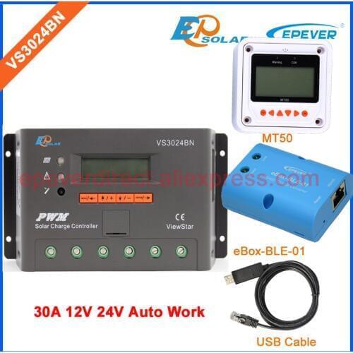 EPSolar Bluetooth function eBOX-BLE-01 VS3024BN 30A 30amp USB cable and MT50 remote meter solar portable controller built in LCD