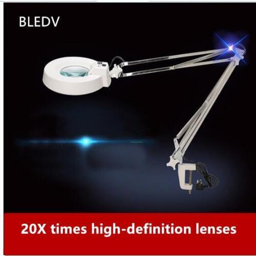 220V 10X Clip Big Magnifying Glass Lamp Magnifier White/Blue Optical Glass Folding Stand for PCB Precision Parts Inspection