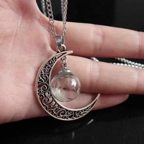 Vintage Hollow Moon Glass Bottle Dandelion Seeds Pendant Necklace Charm Silver Plated Chain Womens Mens Gifts Jewelry Unisex
