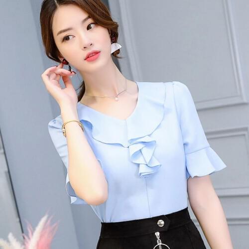 Women Spring Summer Style Short Flare Sleeve V-Neck Blusas Tops Solid Color Ruffles Decor Blouses Shirts DD2326