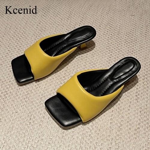 Kcenid New Summer Slippers Shoes Women Casual Square Open Toe Mules Kitten Heel Slip On Slides Sandals Woman Yellow White Black