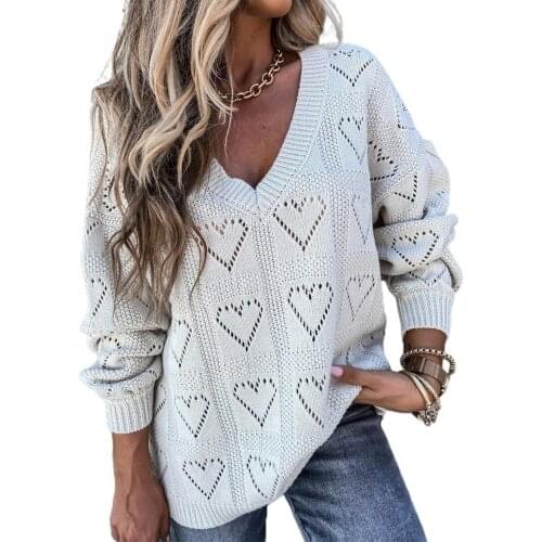 Women Autumn Winter Love Heart Hollow Crochet Sweater Loose Knitwear Jumper