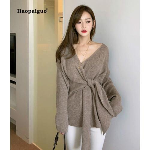 Autumn Women Winter Fashion Coats 2018 Gray Khaki Full Sleeve V-neck Boho Sexy Casual Club Sweater Coat Ladies Outwear Coats