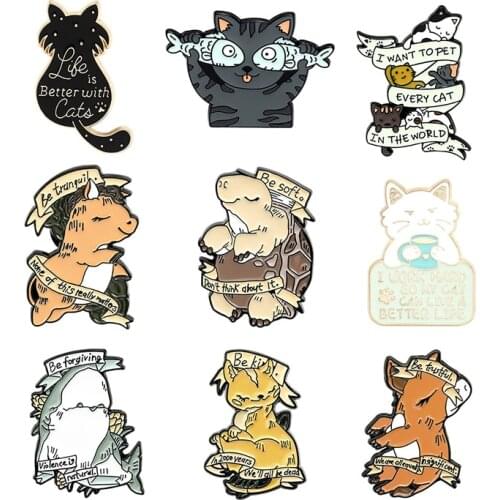 Animal banners Lapel Pin Life is better with cats Brooch Horse donkey shark turtle kitten fish Enamel Custom badge jewelry