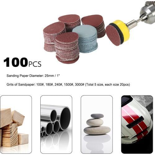 100PCS 25mm 1" Sander Disc Sanding Disk 100-3000 Grit Paper with 1inch Abrasive Polish Pad Plate + 1/8" Shank Rotary Tool