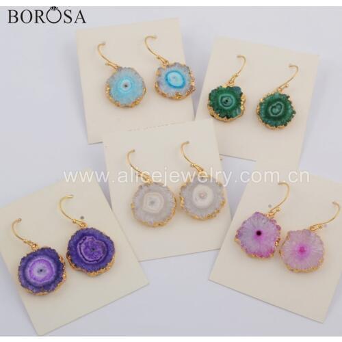 BOROSA 5Pairs Fashion Colorful Gold Electroplated Natural Solar Quartz Druzy Titanium Rainbow Drop Earrings Jewelry G1739