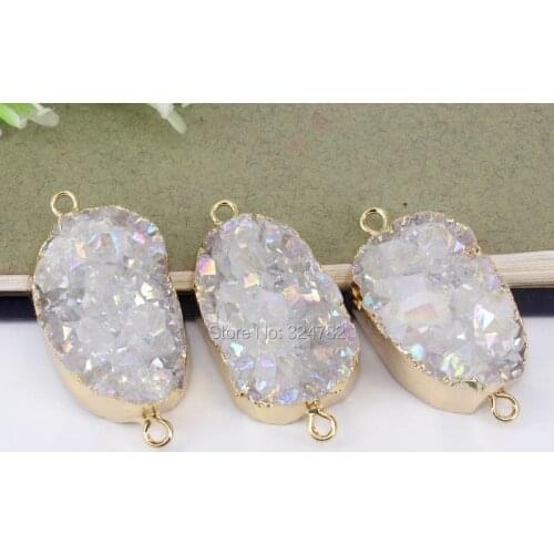 5pcs Natural AB White Quartz Gem stone Connector Beads,Metal Gold Quartz Beads for Jewelry Making