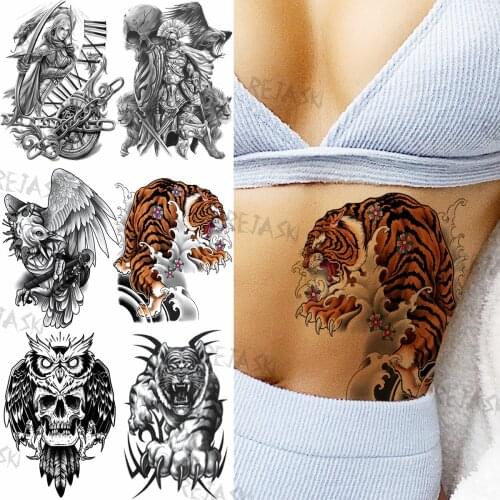Watercolor Tiger Temporary Tattoos For Women Adults Fake Warrior Eagle Owl Skull Lion Tattoo Sticker Water Transfer Tatoos Paste