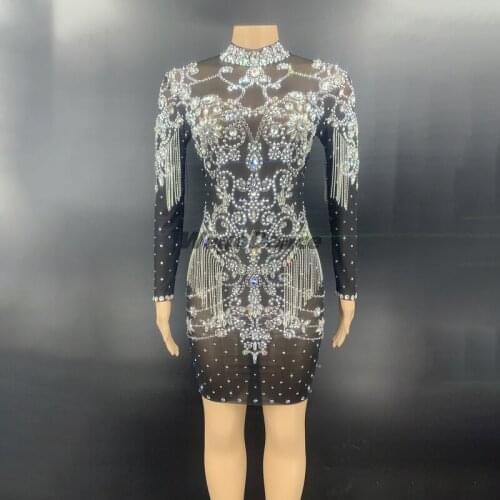 Sparkly Silver Crystals Chains Dress Black Stones Fringes Singer Evening Birthday Party Stage Sexy Transparent Dresses