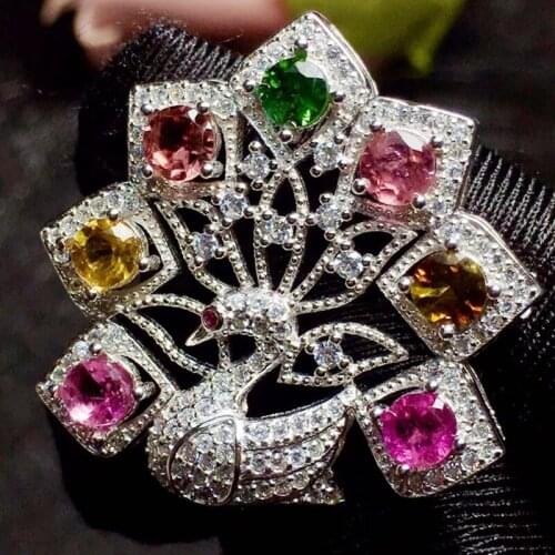 Natural real tourmaline peacock brooch pins 0.25ct*7pcs gemstone Free shipping 925 sterling silver Per jewelry T2131710