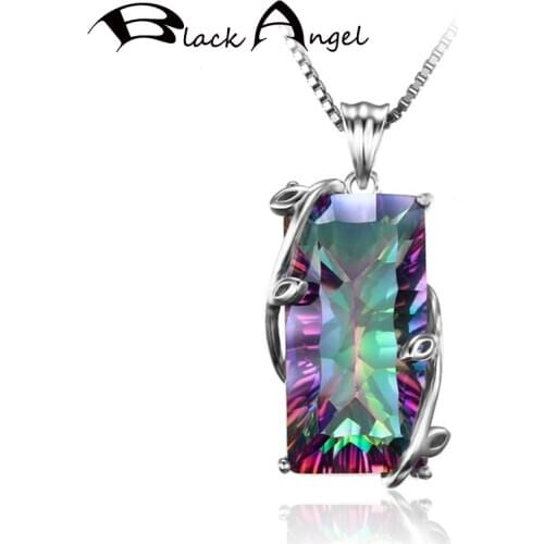 BLACK ANGEL Genuine Rainbow Mystic Tourmaline Gemstone 925 Sterling Silver Tree Leaf Pendant Necklace for Women Fashion Jewelry