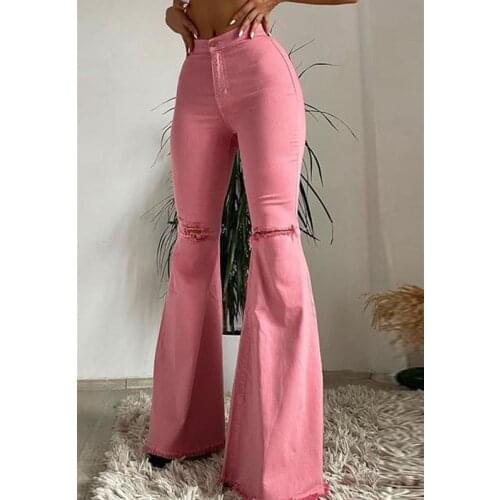 2021 new fashion hip-lifting ripped flared jeans stretch casual womens jeans