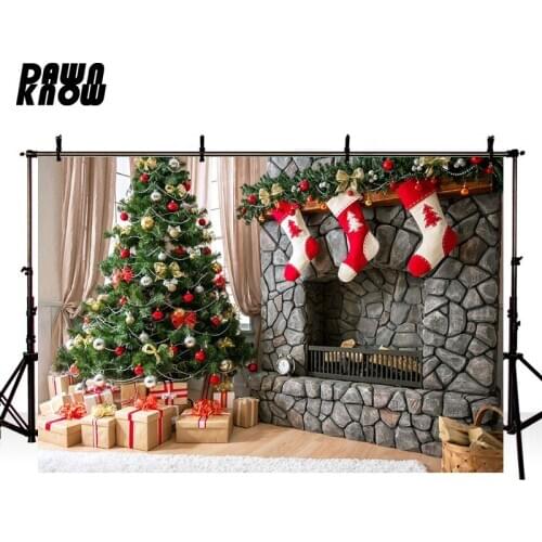 DAWNKNOW Indoor Christmas Tree Photography Background Fireplace Backdrop Family Celebrations Event Photocall Customize lv1099