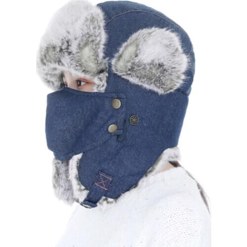 HT3325 New Denim Russian Hat High Quality Thick Warm Bomber Hat Men Women Windproof Winter Hat with Mask Ski Trapper Earflap Cap