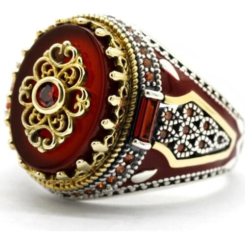 Natural Red Agate Stone Ring for Men Pure Sterling Silver 925 Turkish Handmade King Crown with Gem Rings Luxury Jewelry Gift