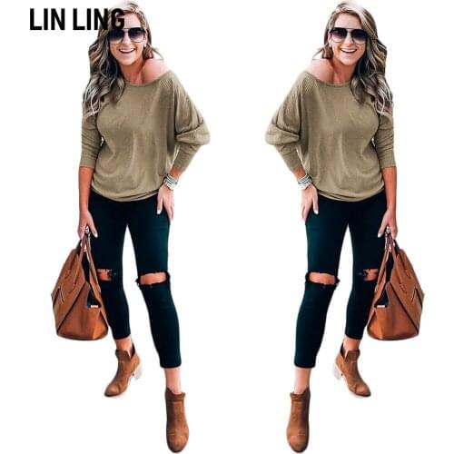 LINLING Simple and Elegant Personality Solid Color Pit Strip Long Sleeve Top Round Neck Loose Pullover