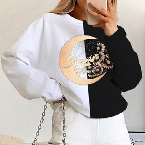 Moon Print Black White Patchwork Vintage Sweatshirt Women Long Sleeve High Street Sports Girls Plus Size 2020 Autumn Chic Design