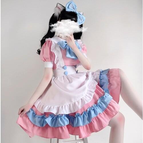 Cartoon Anime Girl Maid Costume Lolita Pink Uniform Cosplay Costumes Lolitas Short Sleeve Harujuku Kawaii Women Dress With Apron