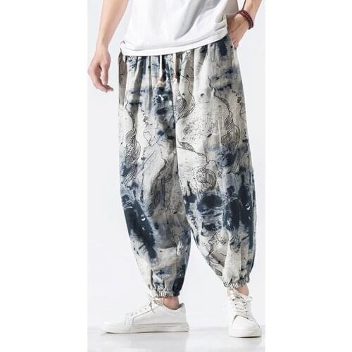Men Harem Pants Joggers Printed Drawstring Drop-Crotch Trousers Men 2021 Loose Korean Streetwear Cotton Casual Pants Men