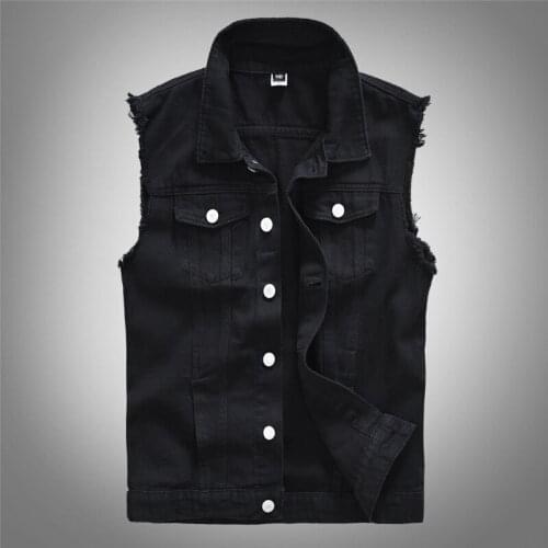 Pure Black Casual Men Denim Vest Sleeveles Jean Biker Jacket Mens Hip Hop Cowboy Coats Waistcoat
