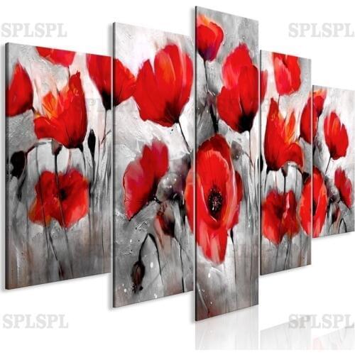 Flowers Head Wall Art Canvas Flora 5 Pieces Pictures for Living Room Poppies Modular Paintings Abstract Posters and Prints Decor