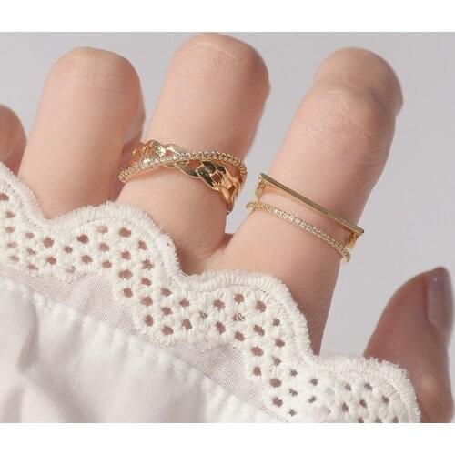 Delicate Jewelry 14K Gold Plated Adjustable Crystal Rings for Women Simple Style Cubic Zircon Geometric Rings Set