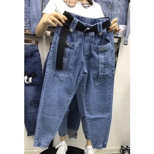2020 new denim harem pants womens elastic high waist loose thin overalls pants feet feet nine points lantern dad pants