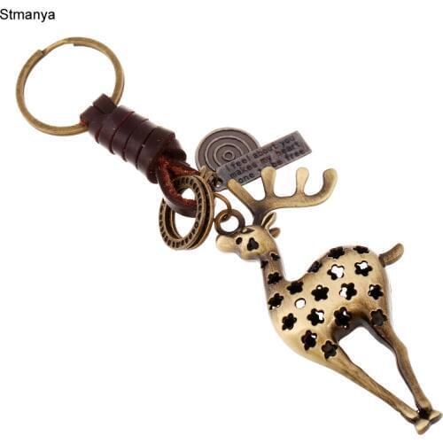 Key Holder New Retro Sika deer Pendant Key chain Woven Leather Keychains Alloy Punk Key Rings Jewelry for Men Women Gift 17377