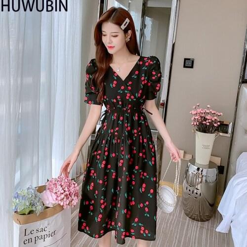 2021 Summer New Chic V-Neck French Small Fresh Sweet Cherry Bow Tie Elastic Waist Flower First Love Avant-Garde Fashion Dress