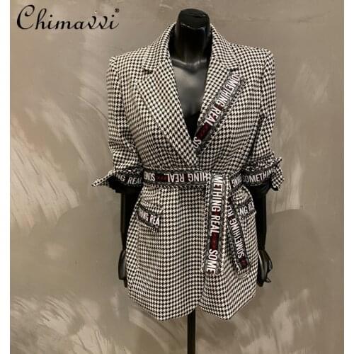 2021 Autumn Women Clothing Fashion Design Lace-up Houndstooth Woolen Blazer Womens Loose Plaid Long Sleeve Korean Suit Coats