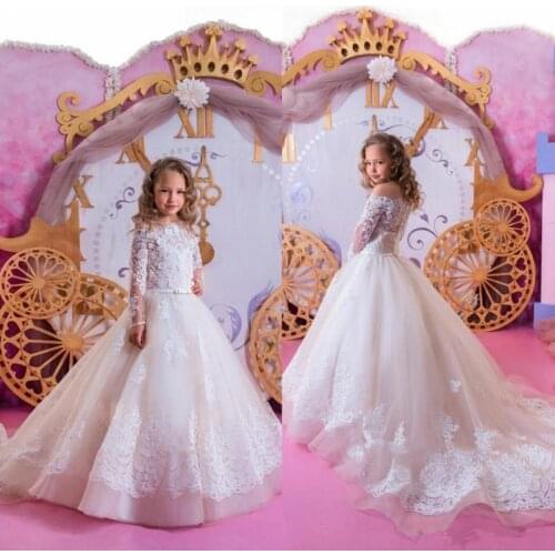 Flower Girls Dresses for Wedding Princess Long Sleeves Sweep Train Buttons Back Pageant Party Gowns