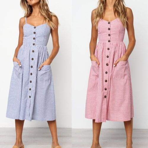 Womens Sexy Summer Midi Dresses Boho Backless Sleeveless Button Striped Dot Solid Midi Dress Slip Sundress With Pockets Robe