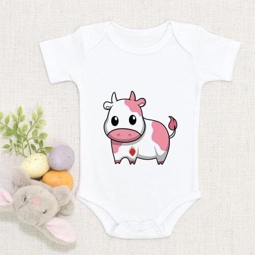 Europe Summer 2021 New Style Baby Girl Boy Clothes Cute Pink Cows Print Newborn Infant Bodysuit Aesthetic Pretty Toddler Romper