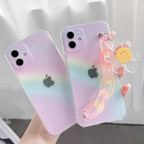 Gradient Rainbow Flower Smiley Wrist Chain Phone Case For iPhone 12 Pro Max XSMAX 11 Pro Max XR XS 7 8 Plus Clear Silicone Shell