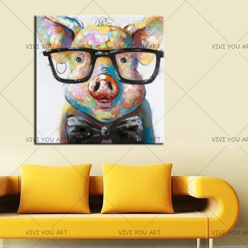 Modern Home Wall Art Pictures Hand-painted Abstract Animal Oil Painting On Canvas Handmade Knife Funny Glasses Pig Paintings