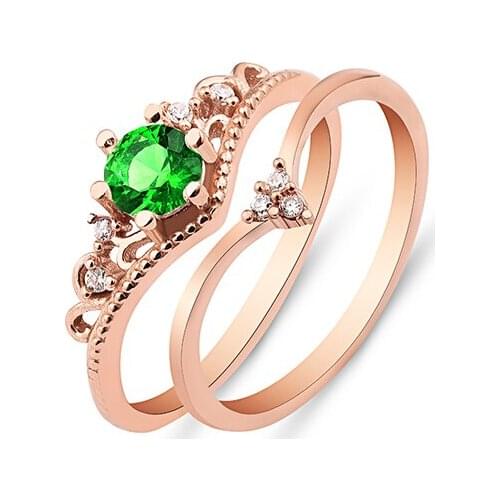 Stylish Womens 925 Sterling Silver Green Zircon Double Ring Jewelry Rose Gold Plated Rings