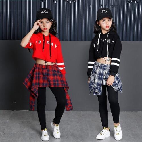 Girls hip hop dancewear crop hoodies and plaid skirted legging for dancing
