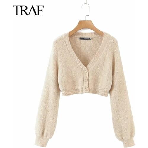 TRAF Za 2021 Summer Set Long Sleeve Cardigan Single-breasted Button Tank Top Mini Shorts Knitted Sweater Three Piece Suits